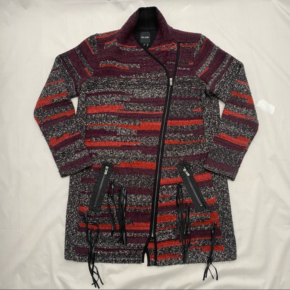 Nic + Zoe - M - knit sweater - leather fringe - zip up - jacket
